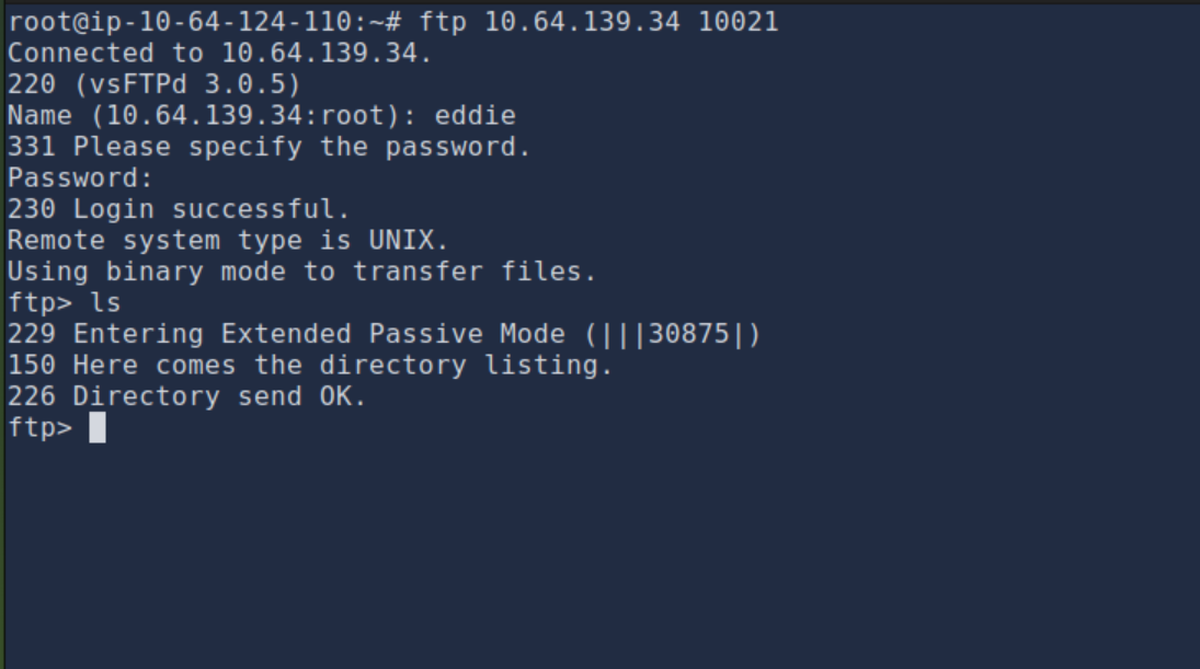 FTP login as eddie showing empty directory listing