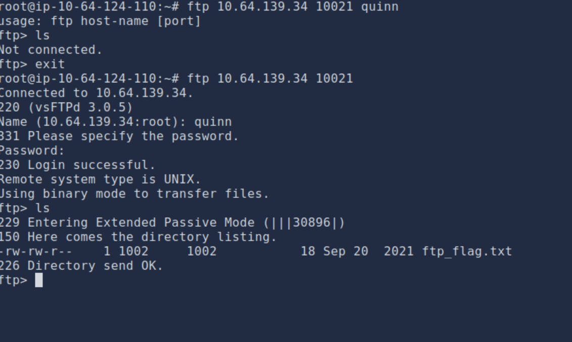 FTP login as quinn showing ftp_flag.txt in directory listing