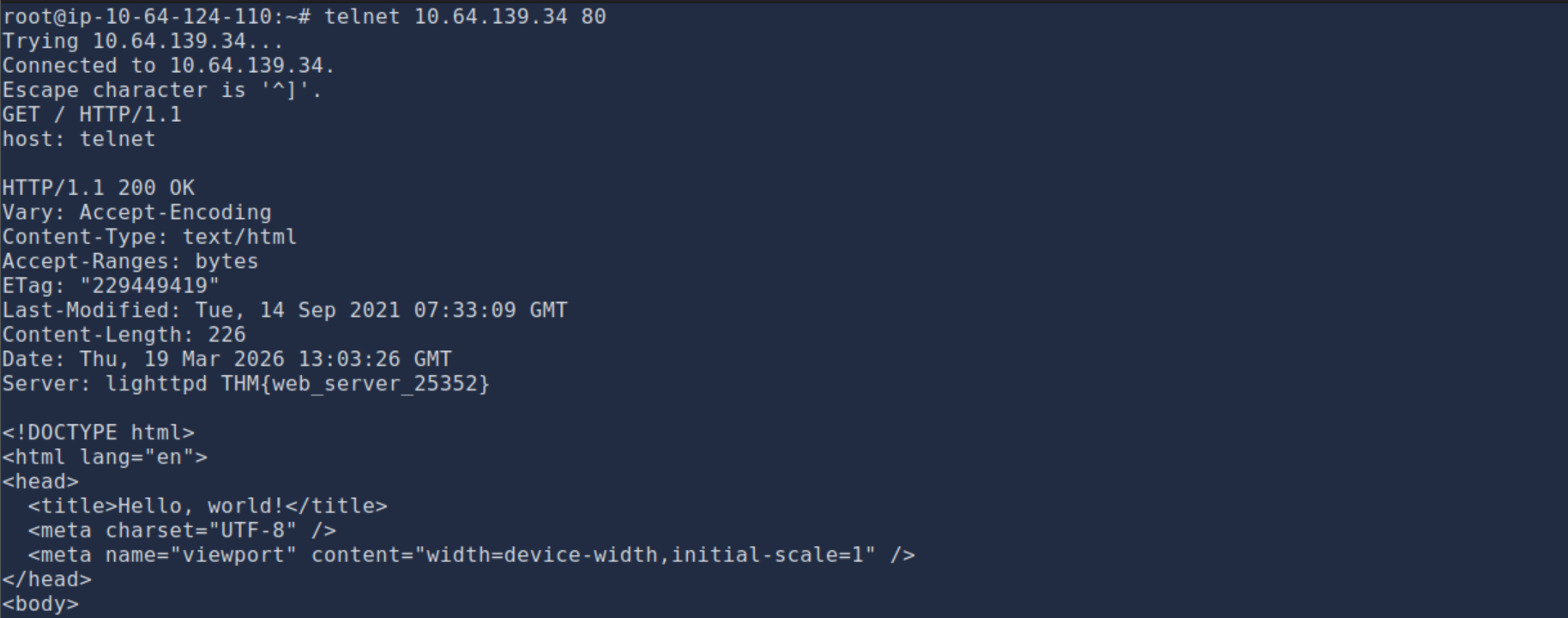 Telnet HTTP request showing Server header with flag